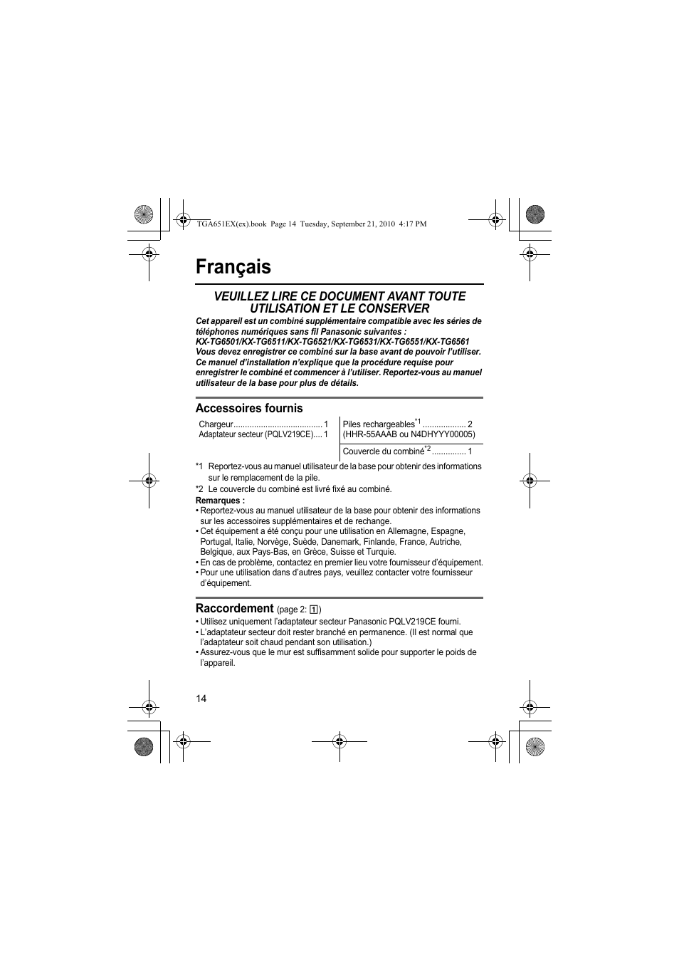 Français, Accessoires fournis, Raccordement | Panasonic KXTGA651EX User Manual | Page 14 / 80