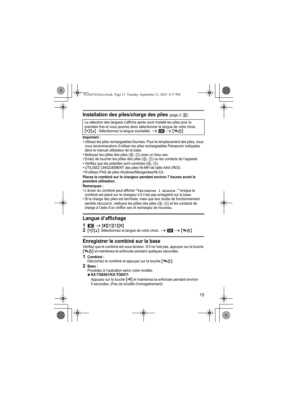 Installation des piles/charge des piles, Langue d’affichage, Enregistrer le combiné sur la base | Panasonic KXTGA651EX User Manual | Page 15 / 80