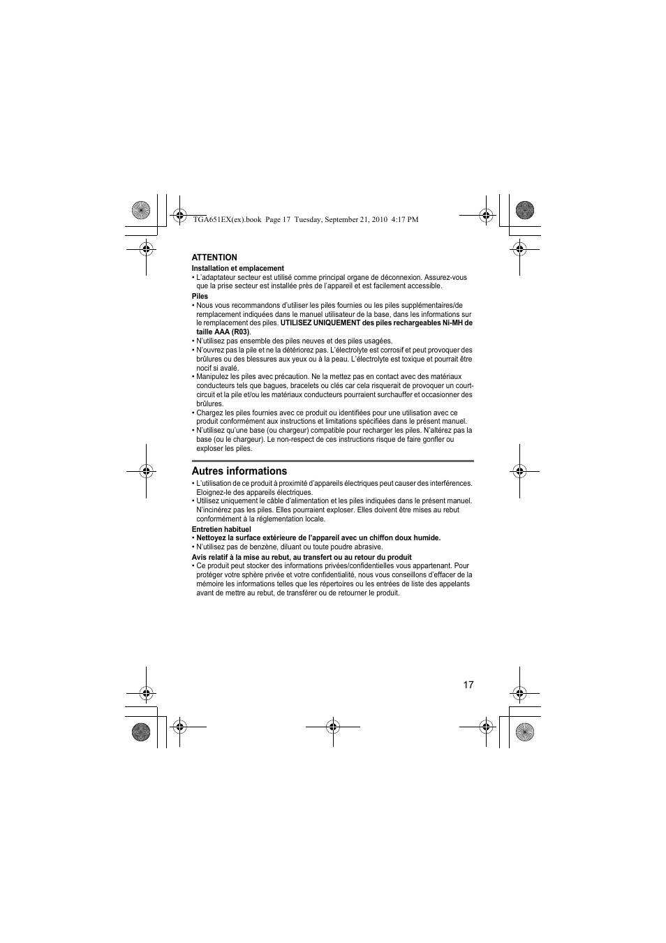 Autres informations | Panasonic KXTGA651EX User Manual | Page 17 / 80