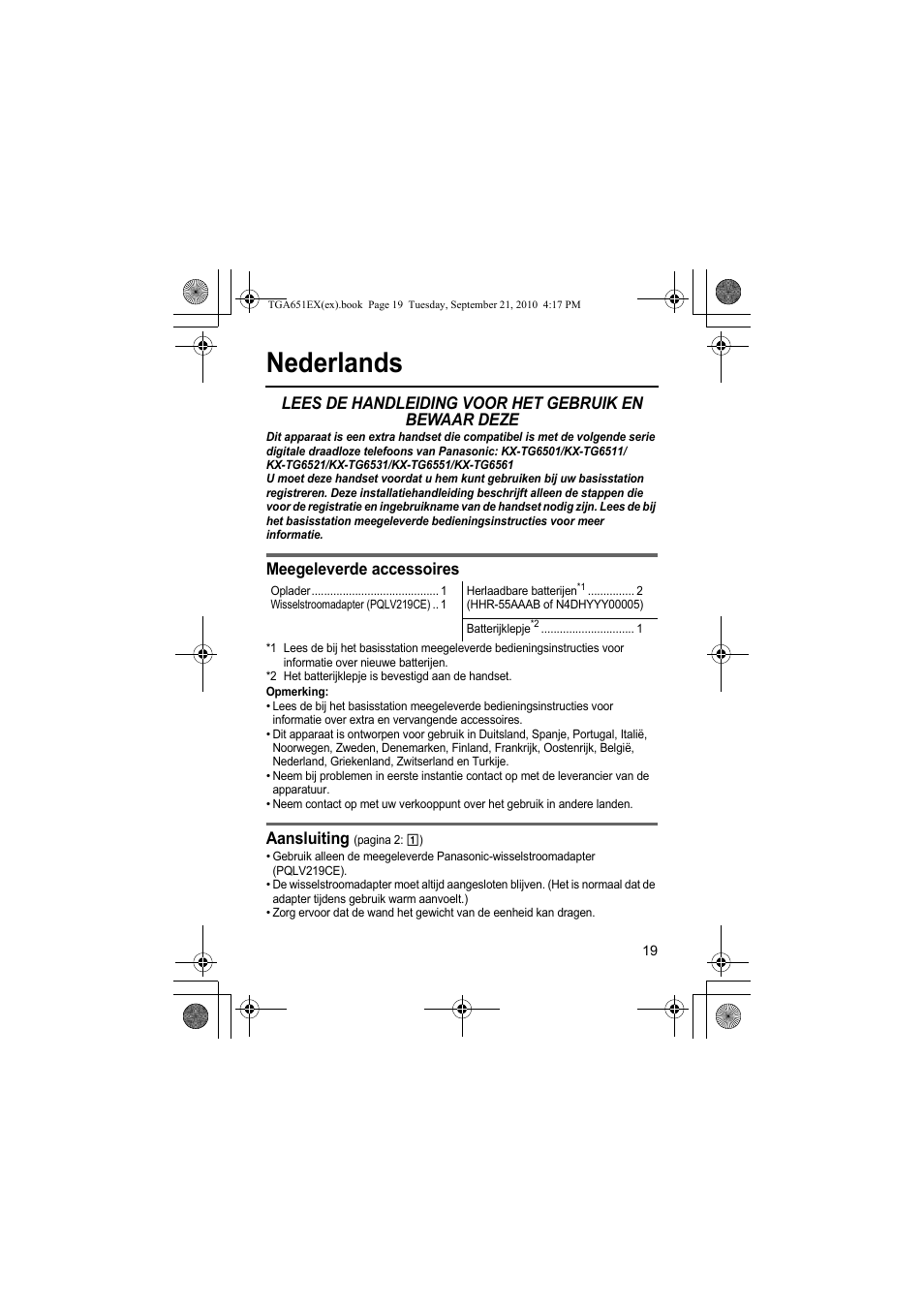 Nederlands, Meegeleverde accessoires, Aansluiting | Panasonic KXTGA651EX User Manual | Page 19 / 80