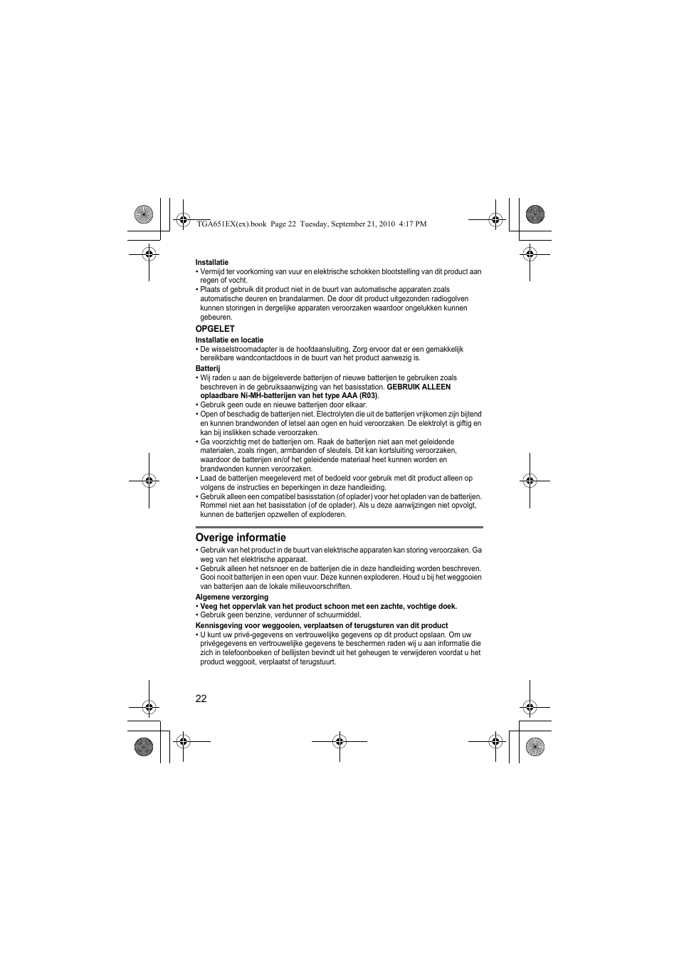 Overige informatie | Panasonic KXTGA651EX User Manual | Page 22 / 80