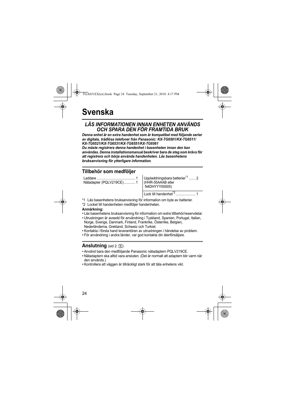 Svenska, Tillbehör som medföljer, Anslutning | Panasonic KXTGA651EX User Manual | Page 24 / 80