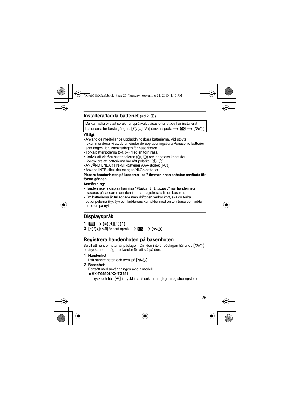 Installera/ladda batteriet, Displayspråk, Registrera handenheten på basenheten | Panasonic KXTGA651EX User Manual | Page 25 / 80