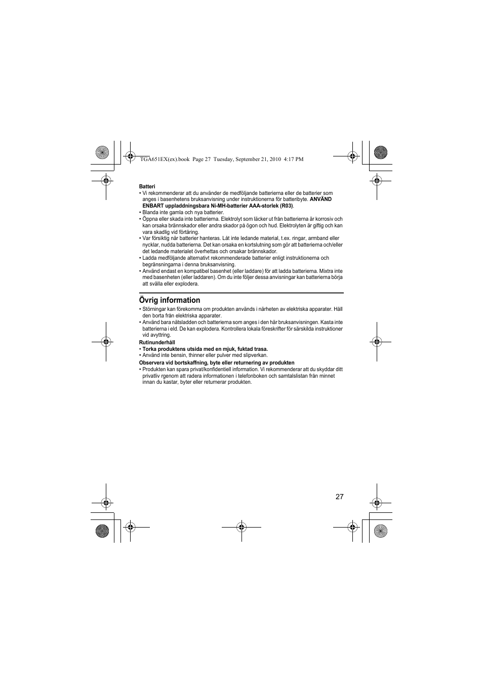 Övrig information | Panasonic KXTGA651EX User Manual | Page 27 / 80