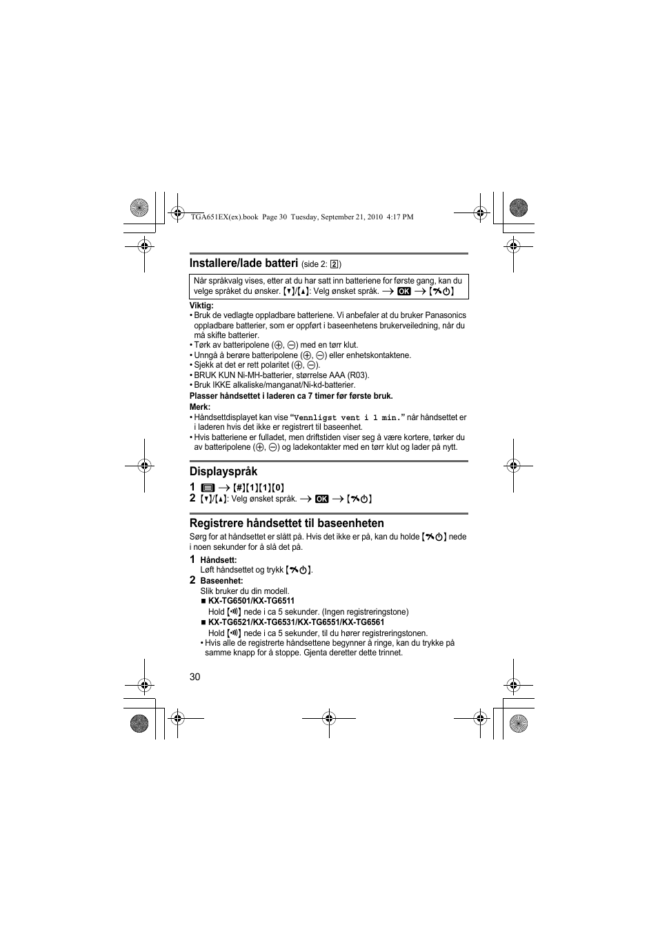 Installere/lade batteri, Displayspråk, Registrere håndsettet til baseenheten | Panasonic KXTGA651EX User Manual | Page 30 / 80