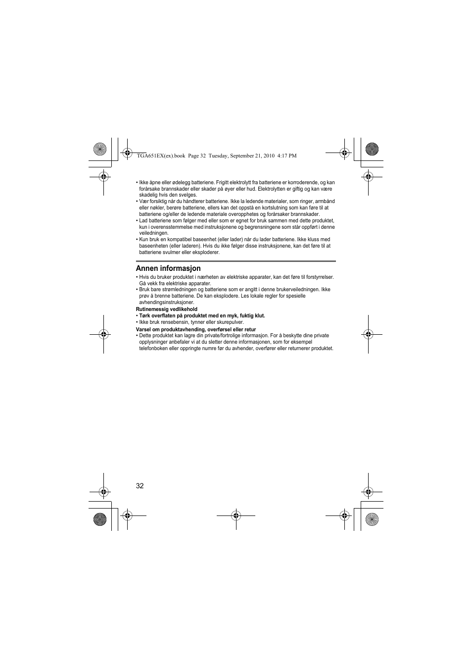 Annen informasjon | Panasonic KXTGA651EX User Manual | Page 32 / 80