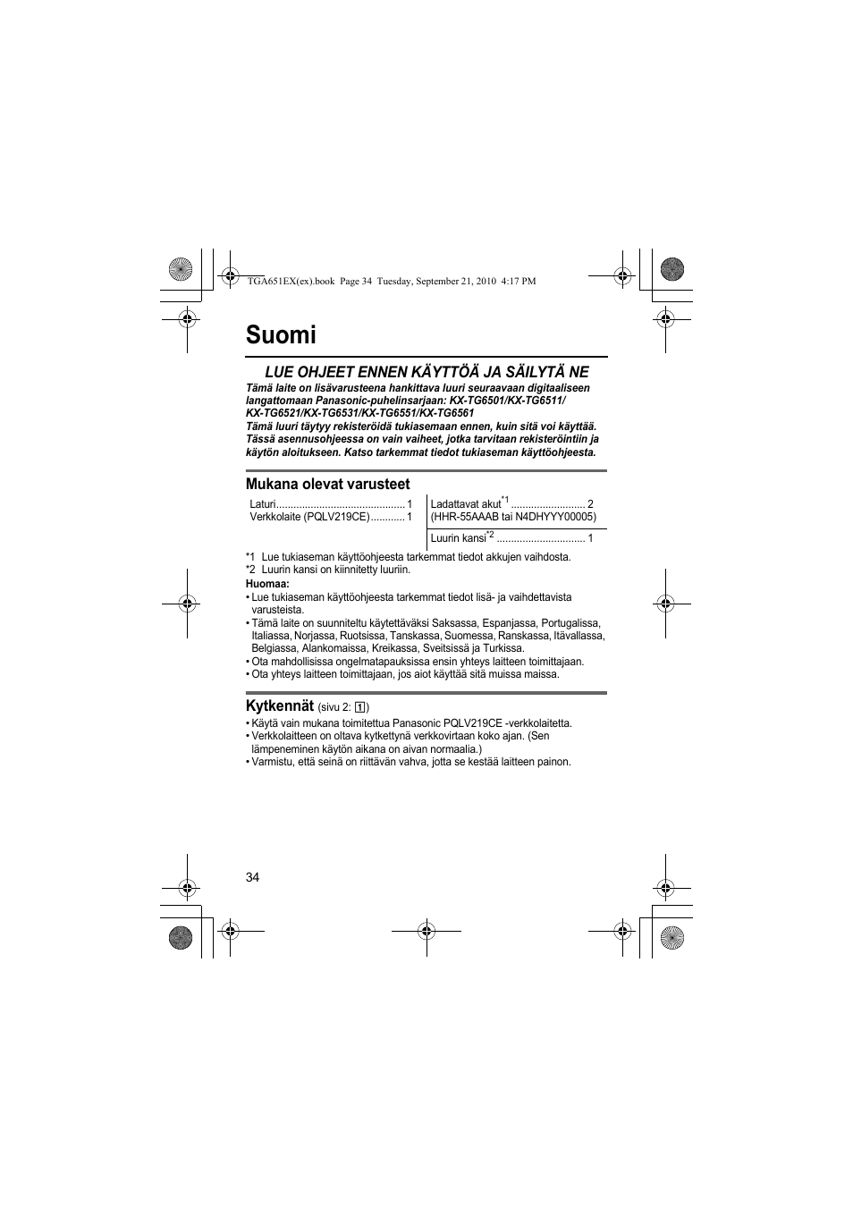 Suomi, Lue ohjeet ennen käyttöä ja säilytä ne, Mukana olevat varusteet | Kytkennät | Panasonic KXTGA651EX User Manual | Page 34 / 80