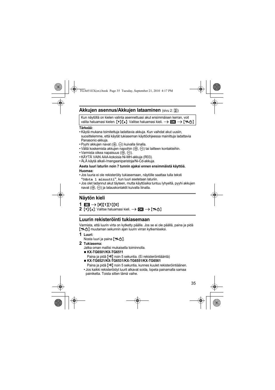 Akkujen asennus/akkujen lataaminen, Näytön kieli, Luurin rekisteröinti tukiasemaan | Panasonic KXTGA651EX User Manual | Page 35 / 80