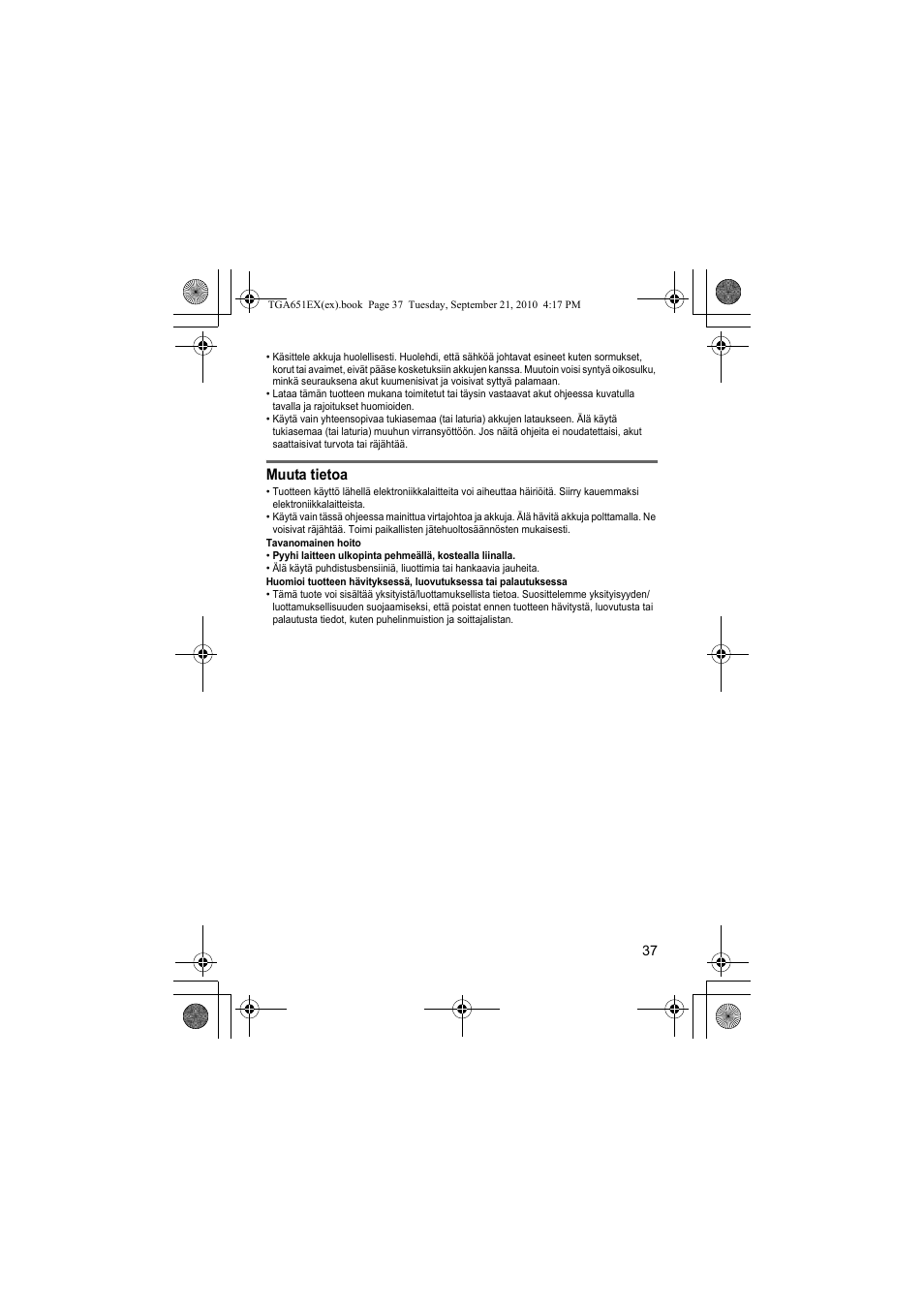 Muuta tietoa | Panasonic KXTGA651EX User Manual | Page 37 / 80