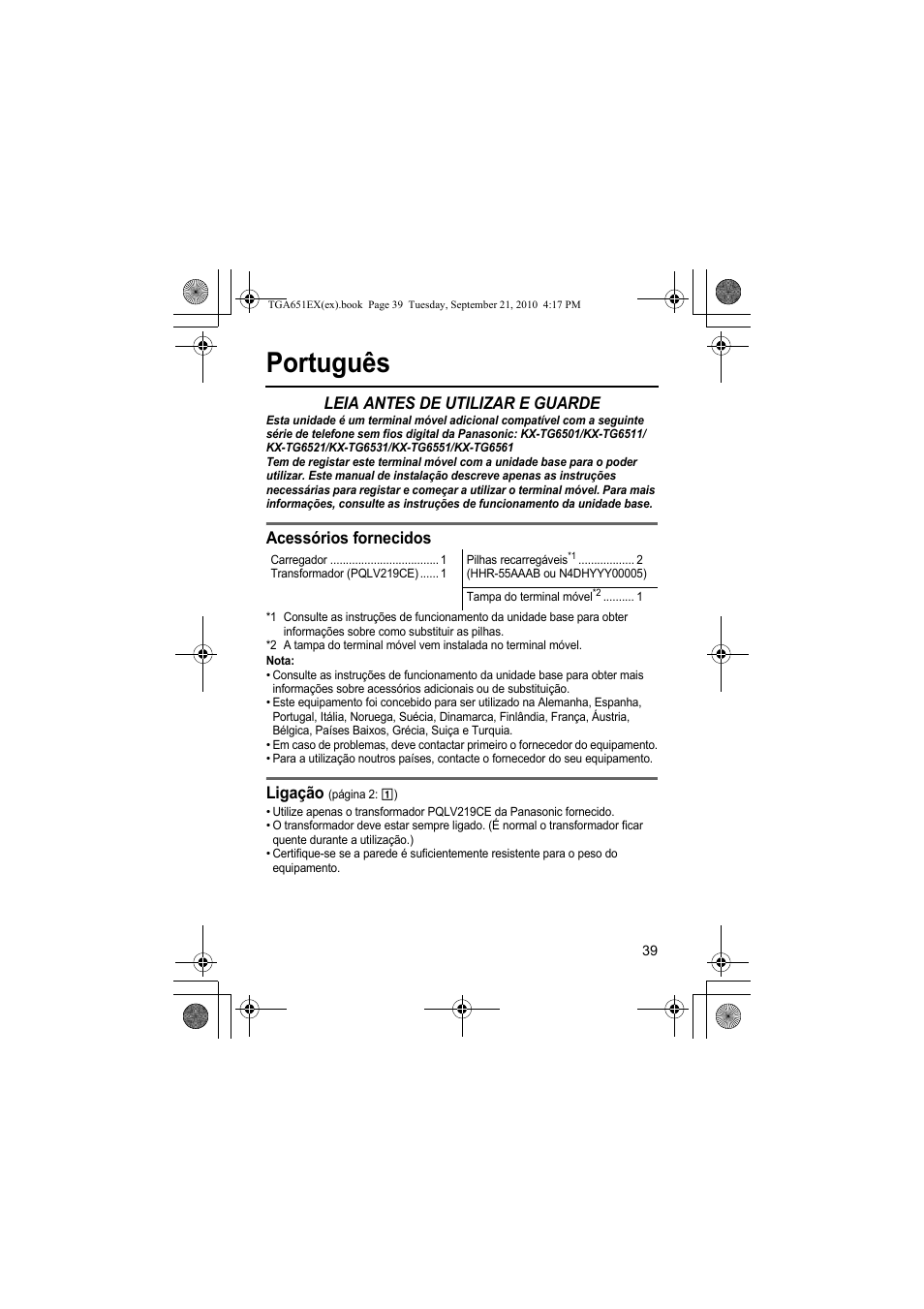 Português, Leia antes de utilizar e guarde, Acessórios fornecidos | Ligação | Panasonic KXTGA651EX User Manual | Page 39 / 80