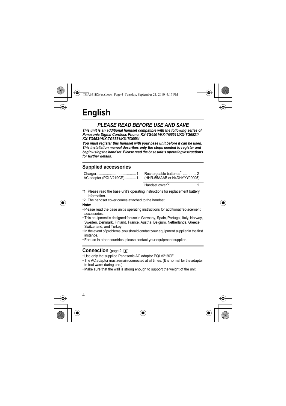 English, Please read before use and save, Supplied accessories | Connection | Panasonic KXTGA651EX User Manual | Page 4 / 80