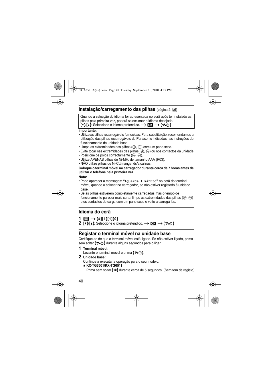 Instalação/carregamento das pilhas, Idioma do ecrã, Registar o terminal móvel na unidade base | Panasonic KXTGA651EX User Manual | Page 40 / 80