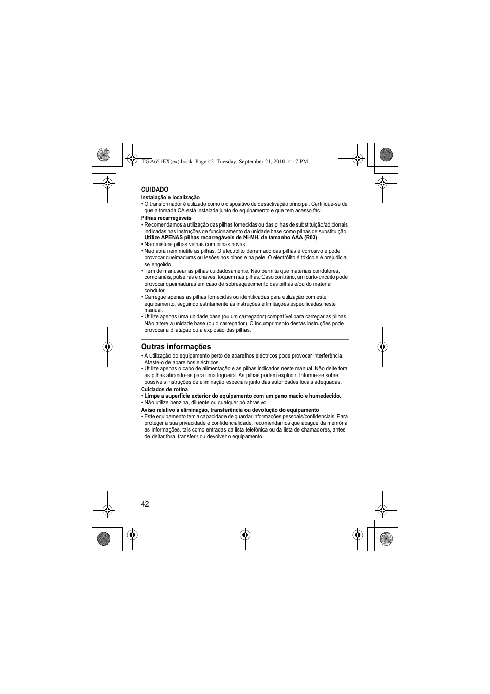 Outras informações | Panasonic KXTGA651EX User Manual | Page 42 / 80