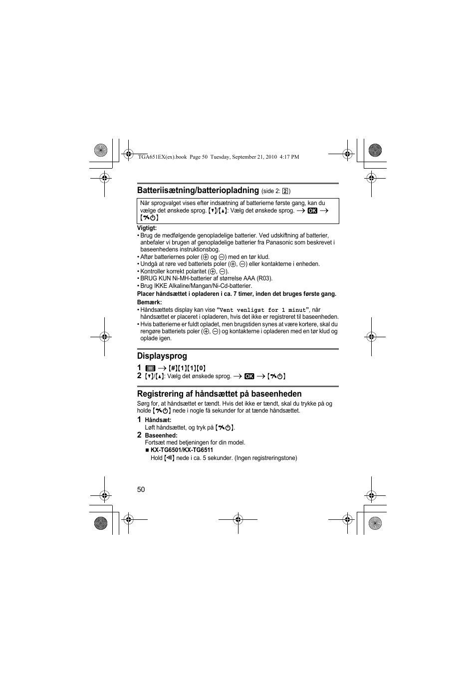 Batteriisætning/batteriopladning, Displaysprog, Registrering af håndsættet på baseenheden | Panasonic KXTGA651EX User Manual | Page 50 / 80