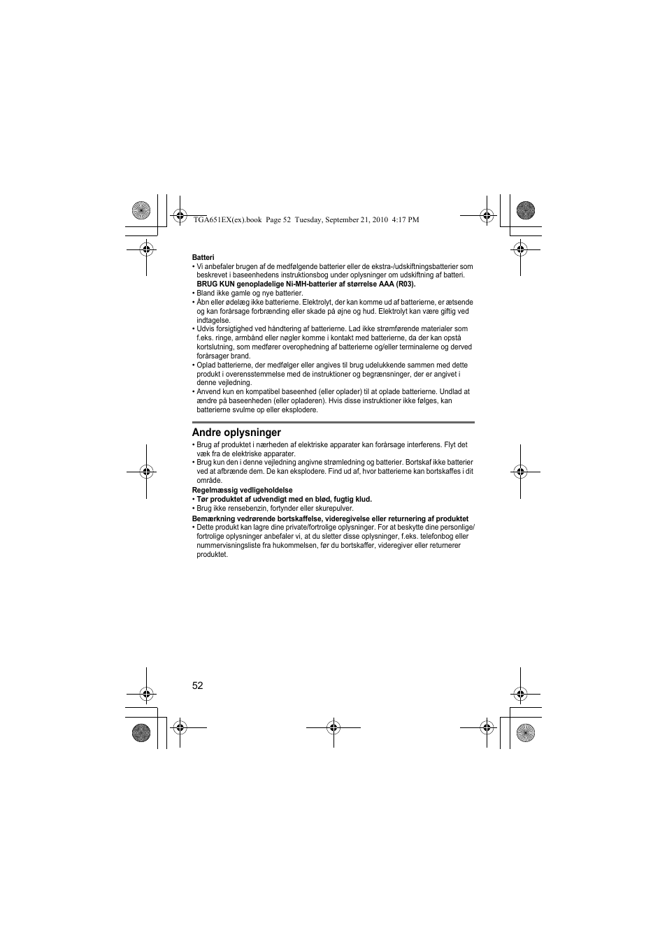 Andre oplysninger | Panasonic KXTGA651EX User Manual | Page 52 / 80