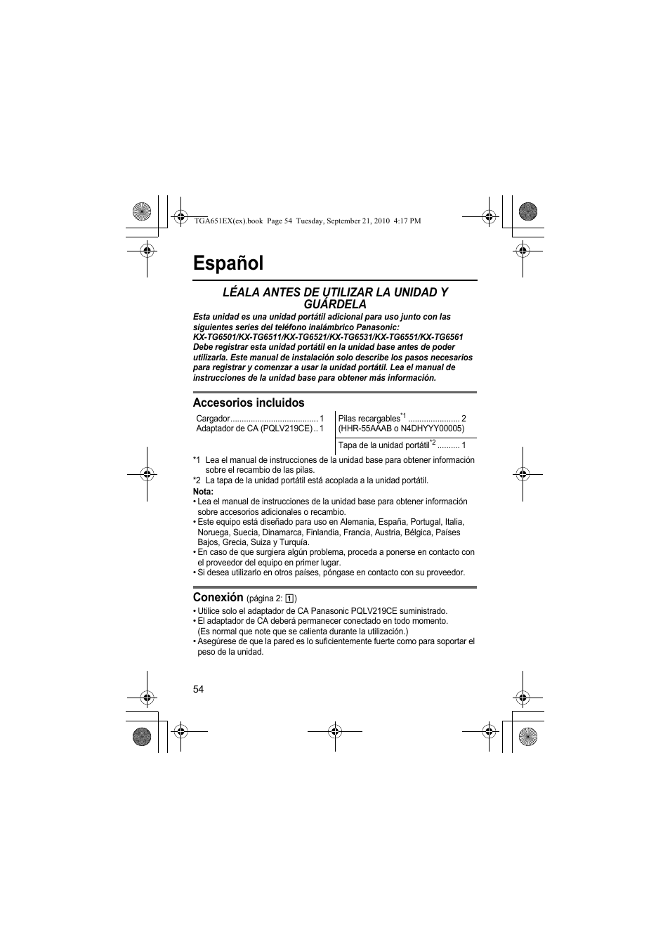 Español, Léala antes de utilizar la unidad y guárdela, Accesorios incluidos | Conexión | Panasonic KXTGA651EX User Manual | Page 54 / 80