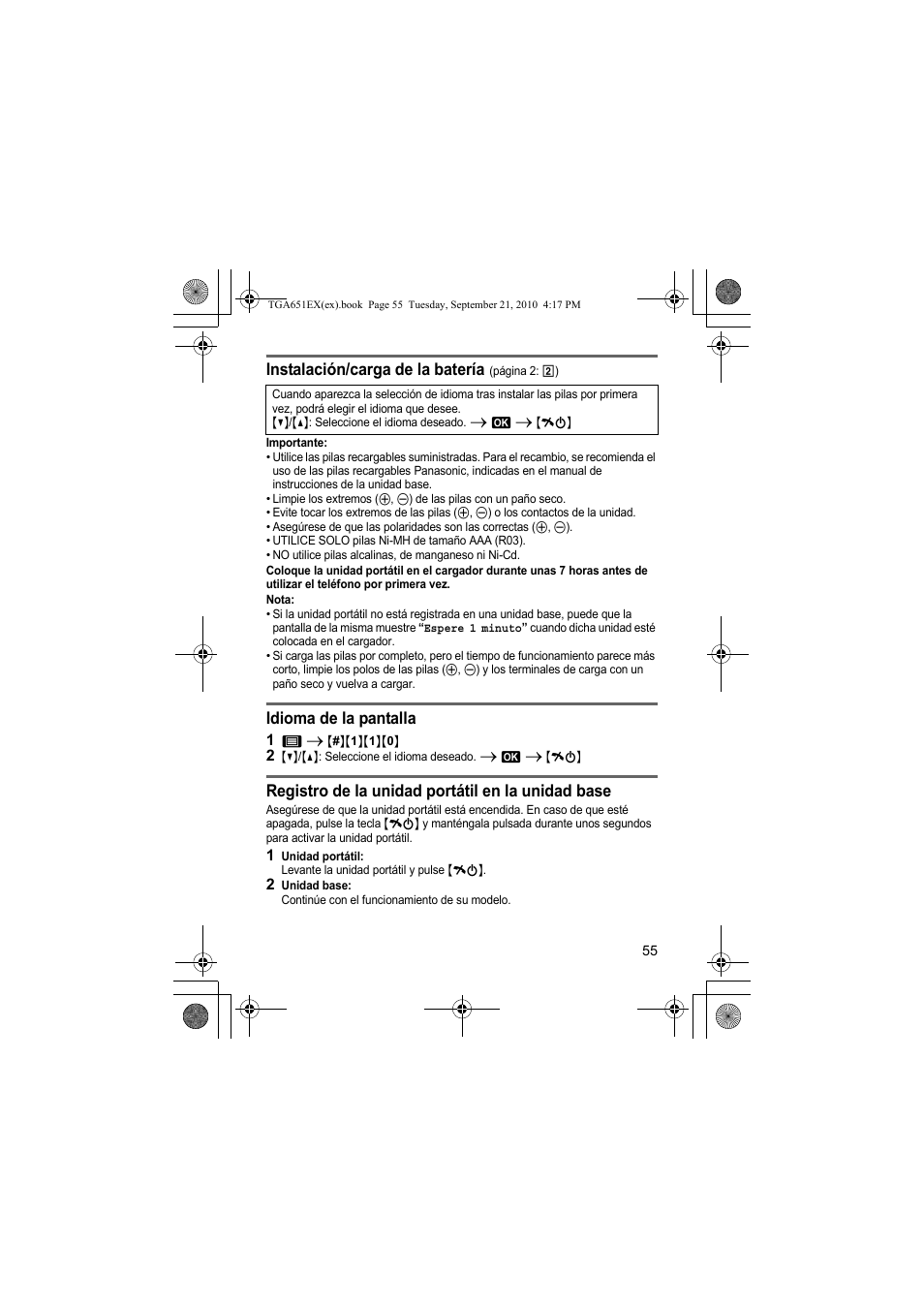 Instalación/carga de la batería, Idioma de la pantalla, Registro de la unidad portátil en la unidad base | Panasonic KXTGA651EX User Manual | Page 55 / 80