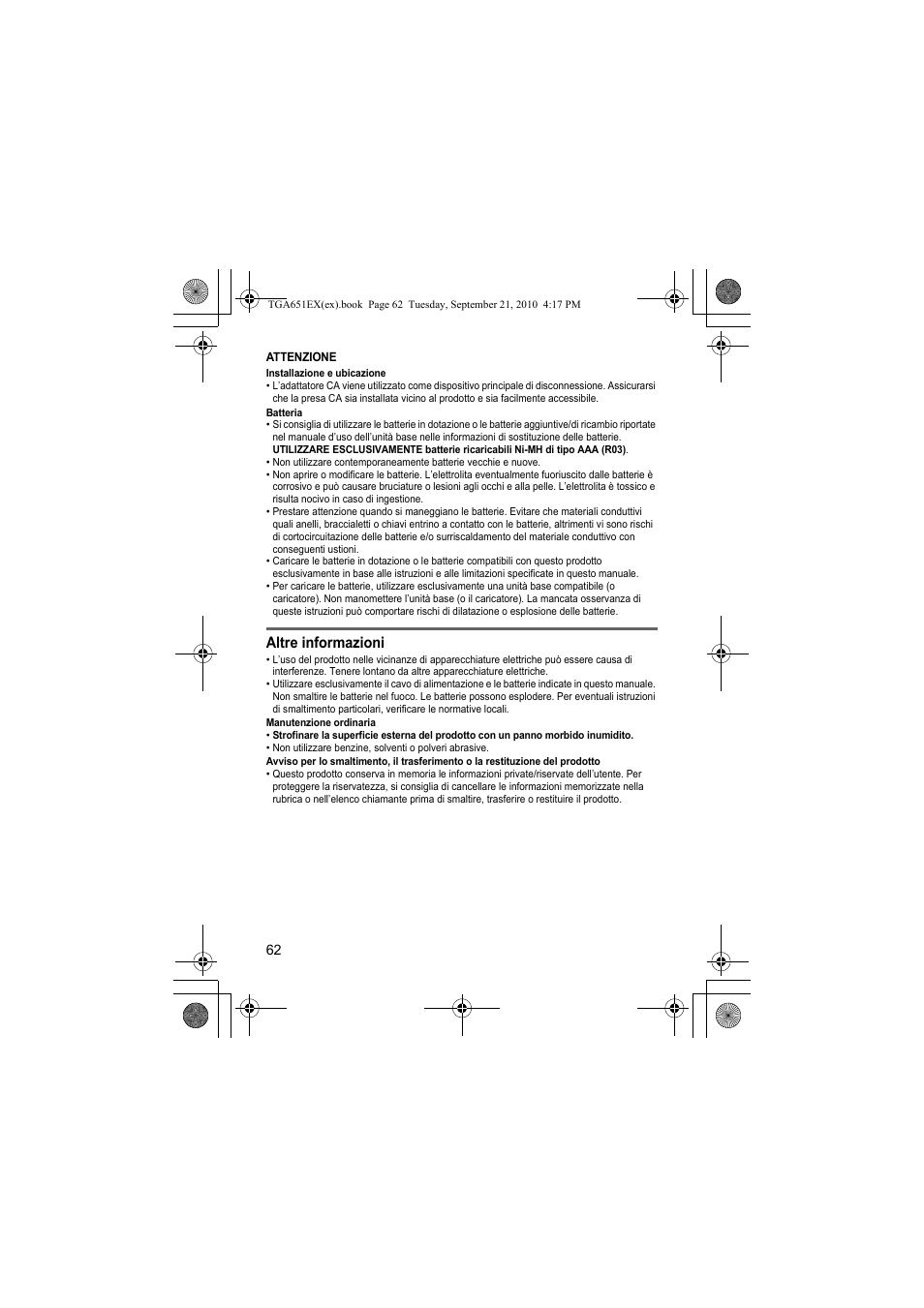 Altre informazioni | Panasonic KXTGA651EX User Manual | Page 62 / 80