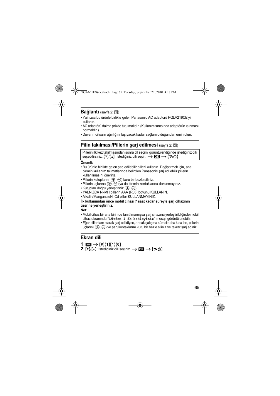 Bağlantı, Pilin takılması/pillerin şarj edilmesi, Ekran dili | Panasonic KXTGA651EX User Manual | Page 65 / 80