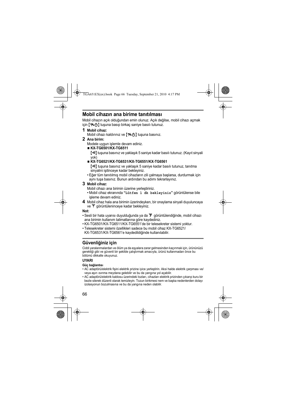 Mobil cihazın ana birime tanıtılması | Panasonic KXTGA651EX User Manual | Page 66 / 80