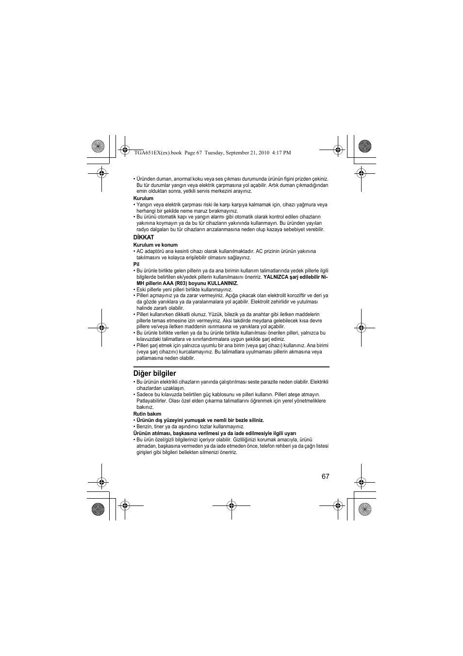 Diğer bilgiler | Panasonic KXTGA651EX User Manual | Page 67 / 80