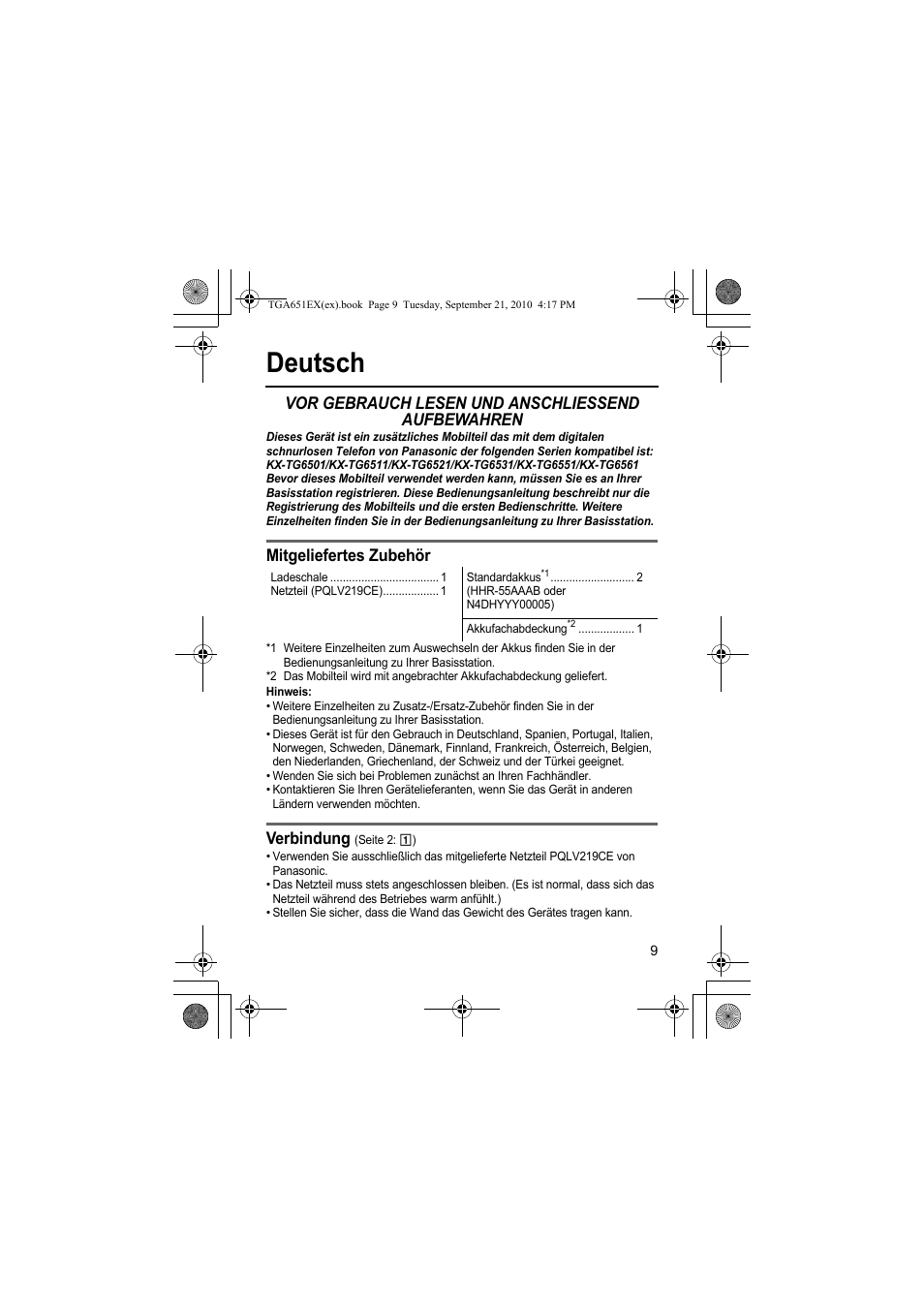 Deutsch, Vor gebrauch lesen und anschliessend aufbewahren, Mitgeliefertes zubehör | Verbindung | Panasonic KXTGA651EX User Manual | Page 9 / 80