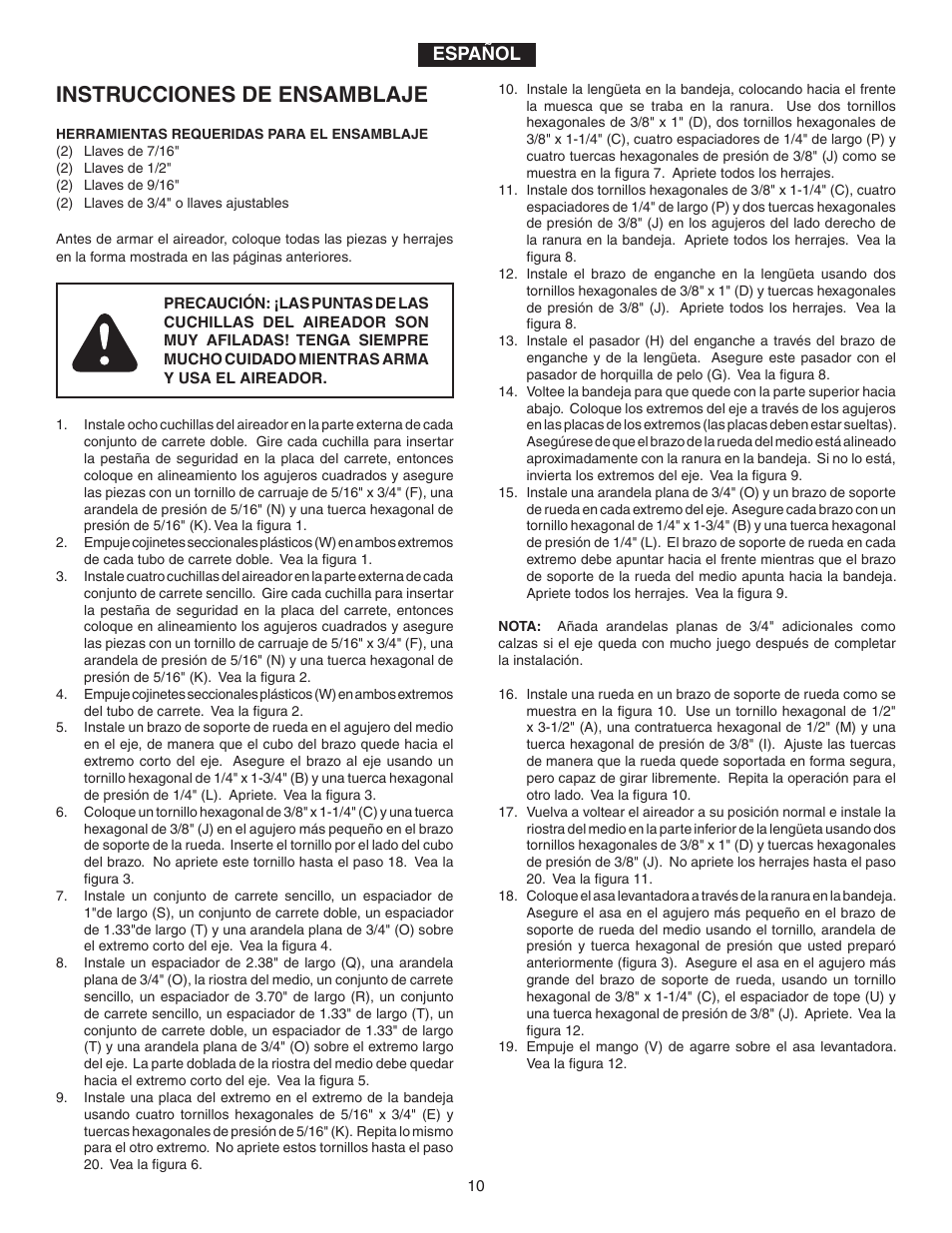 Instrucciones de ensamblaje, Español | Agri-Fab 45-0298 User Manual | Page 10 / 20
