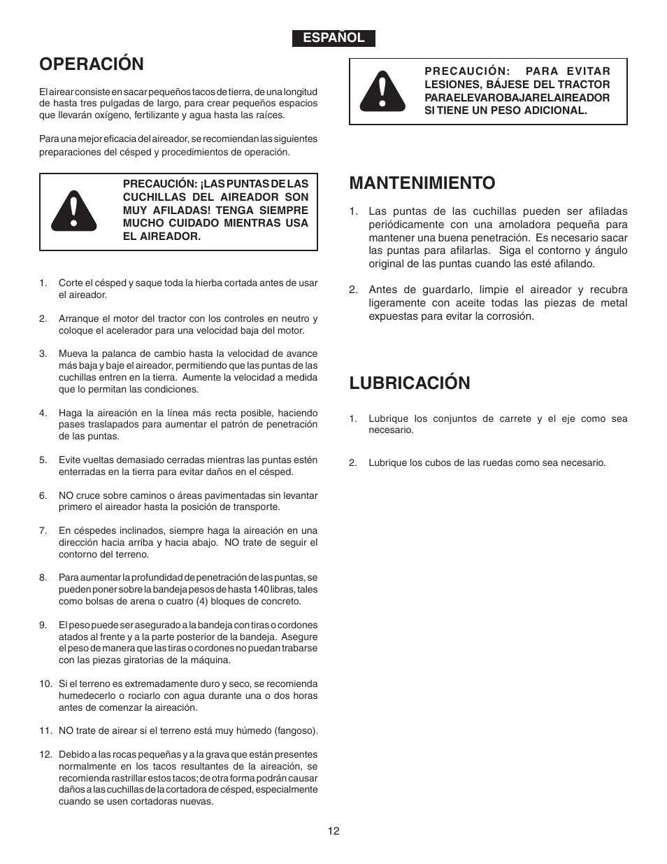 Mantenimiento, Operación, Lubricación | Agri-Fab 45-0298 User Manual | Page 12 / 20