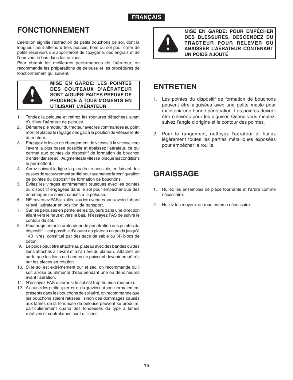 Entretien, Fonctionnement, Graissage | Agri-Fab 45-0298 User Manual | Page 16 / 20