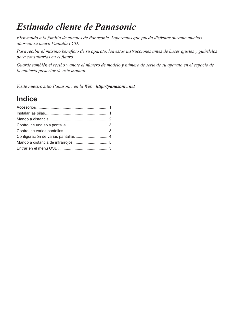 Estimado cliente de panasonic, Indice | Panasonic TYRM50VW User Manual | Page 10 / 72