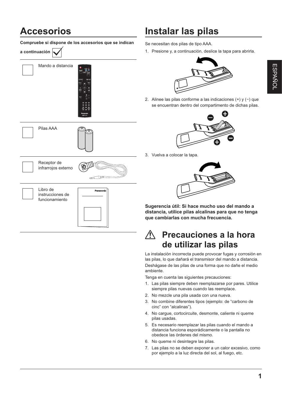 Instalar las pilas, Accesorios, Precauciones a la hora de utilizar las pilas | Panasonic TYRM50VW User Manual | Page 11 / 72