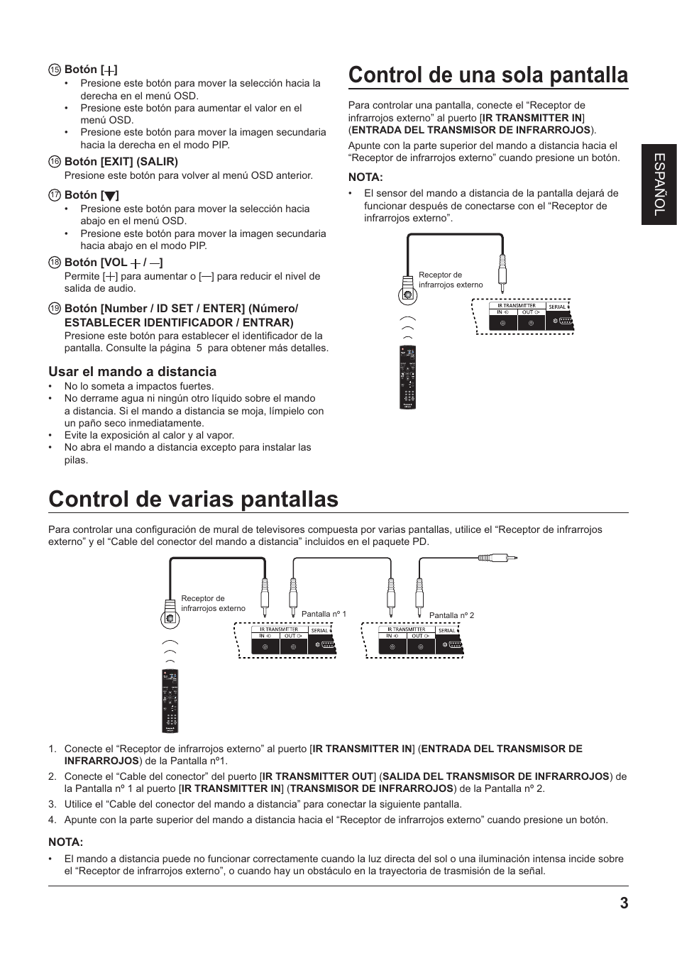 Í5) botón h, 1^ botón [exit] (salir), Í^ botón | Botón [vol, Control de una sola pantalla, Nota, Control de varias pantallas | Panasonic TYRM50VW User Manual | Page 13 / 72