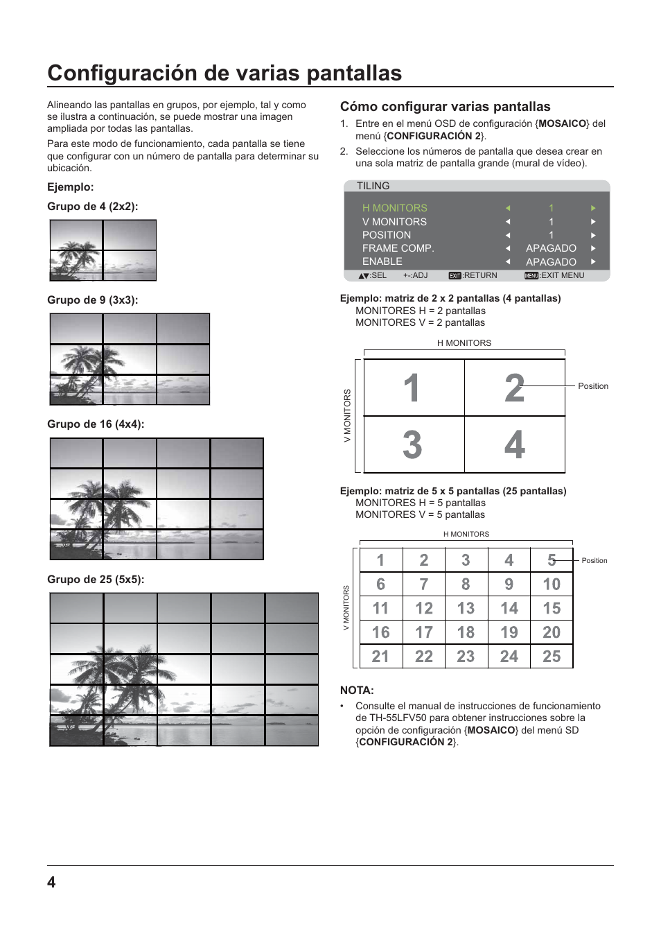 Configuración de varias pantallas, Ejemplo, Grupo de 4 (2x2) | Grupo de 9 (3x3), Grupo de16 (4x4), Grupo de 25 (5x5), Nota | Panasonic TYRM50VW User Manual | Page 14 / 72