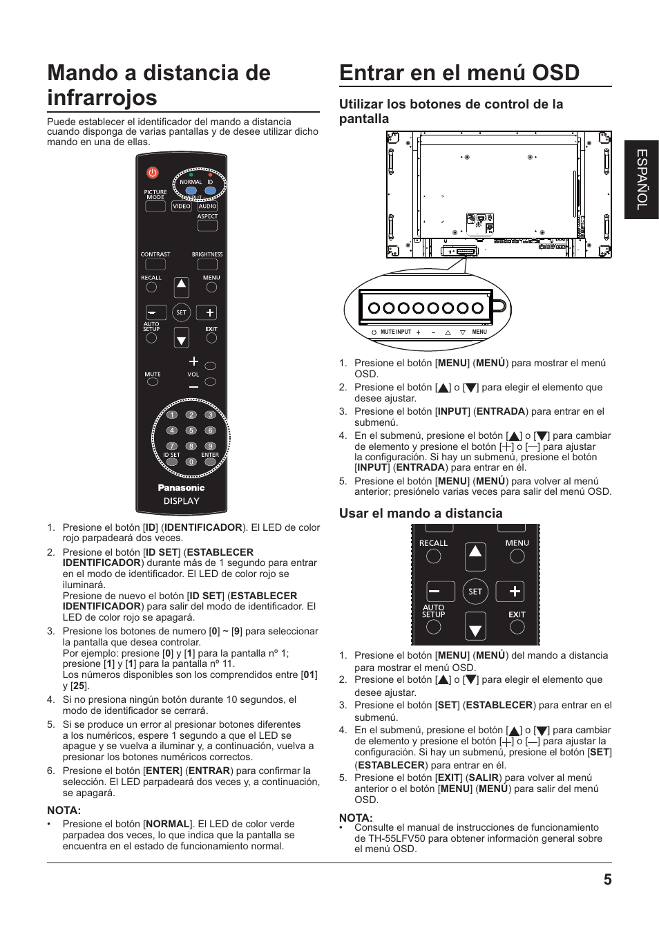 Mando a distancia de infrarrojos, Nota, Entrar en el menú osd | Utilizar los botones de control de la pantalla, Usar el mando a distancia | Panasonic TYRM50VW User Manual | Page 15 / 72