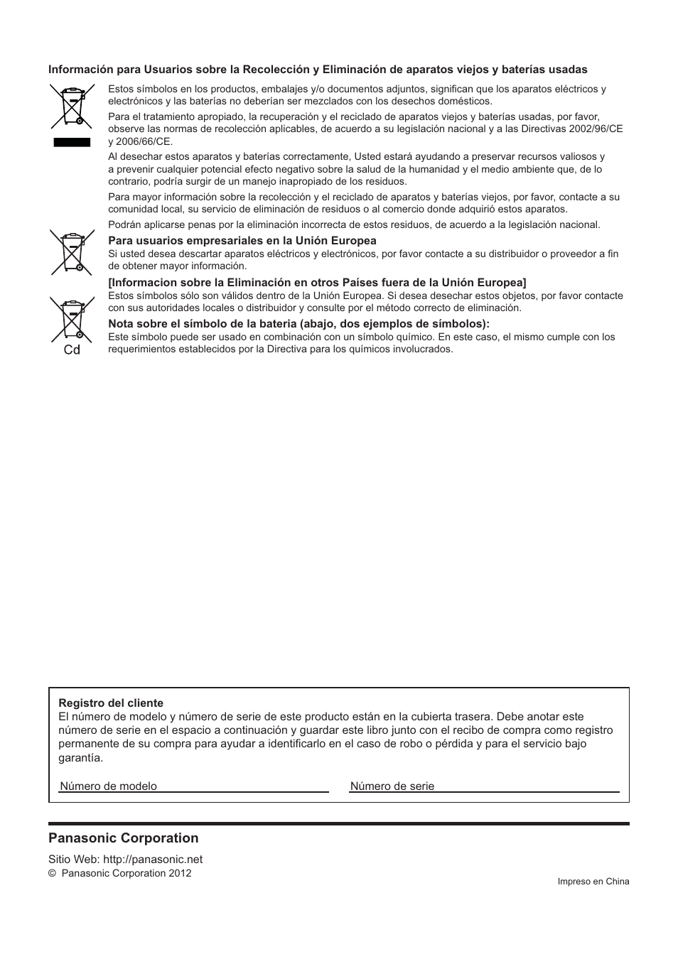 Para usuarios empresariales en la unión europea, Registro del cliente | Panasonic TYRM50VW User Manual | Page 16 / 72