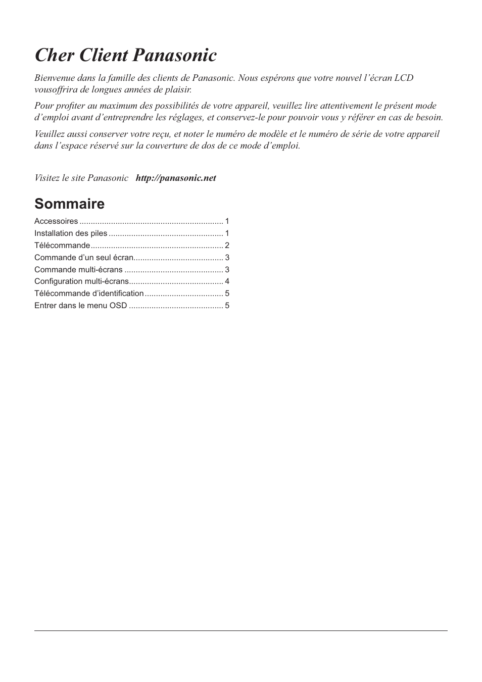 Cher client panasonic, Sommaire | Panasonic TYRM50VW User Manual | Page 18 / 72