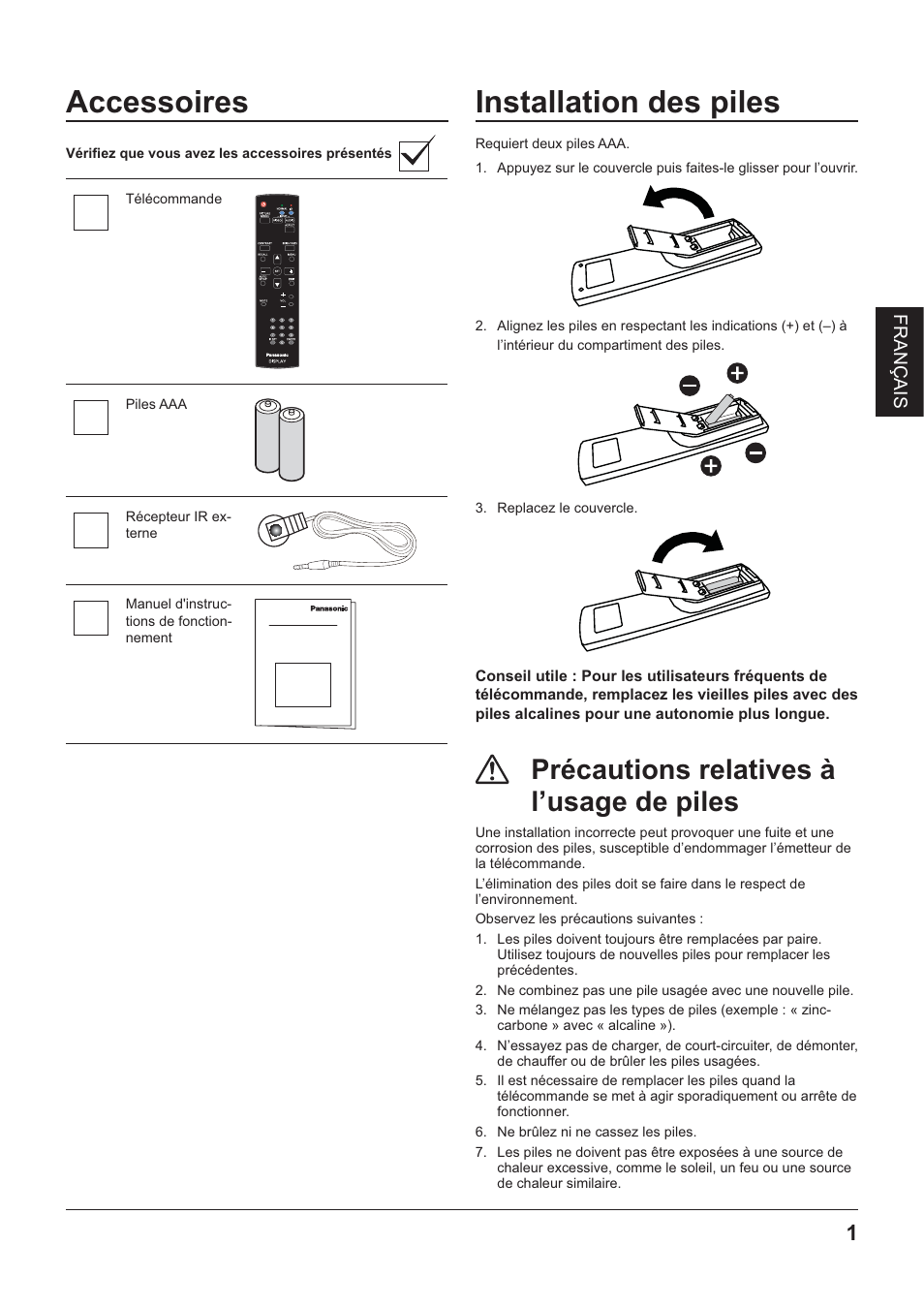 Accessoires, Installation des piles, Accessories | Précautions relatives à l’usage de piles | Panasonic TYRM50VW User Manual | Page 19 / 72