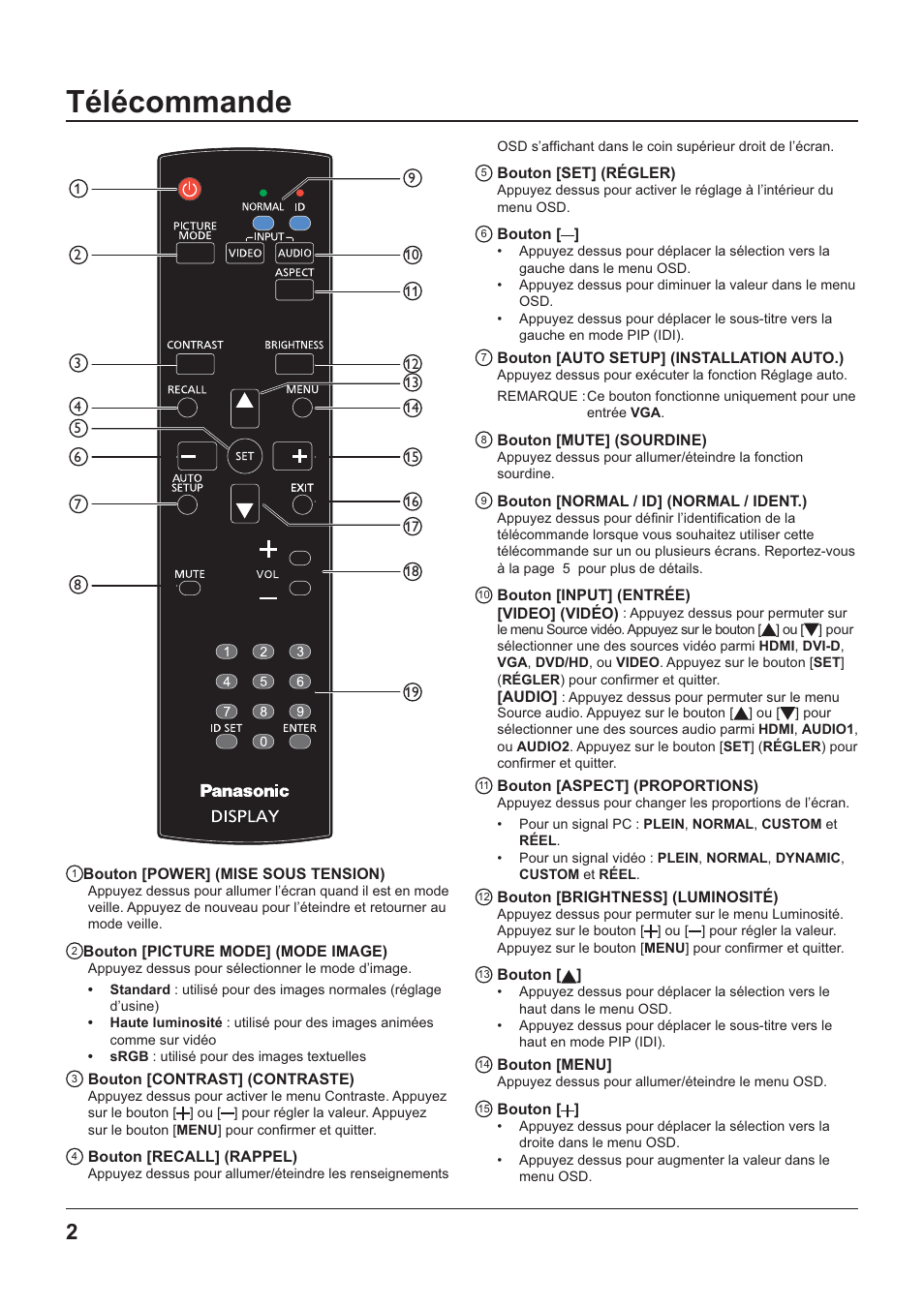 Télécommande, Bouton [power] (mise sous tension), Bouton [picture mode] (mode image) | Bouton [contrast] (contraste), Bouton [recall] (rappel), Bouton [set] (régler), Bouton, Bouton [auto setup] (installation auto.), Bouton [mute] (sourdine), Bouton [normal / id] (normal / ident.) | Panasonic TYRM50VW User Manual | Page 20 / 72