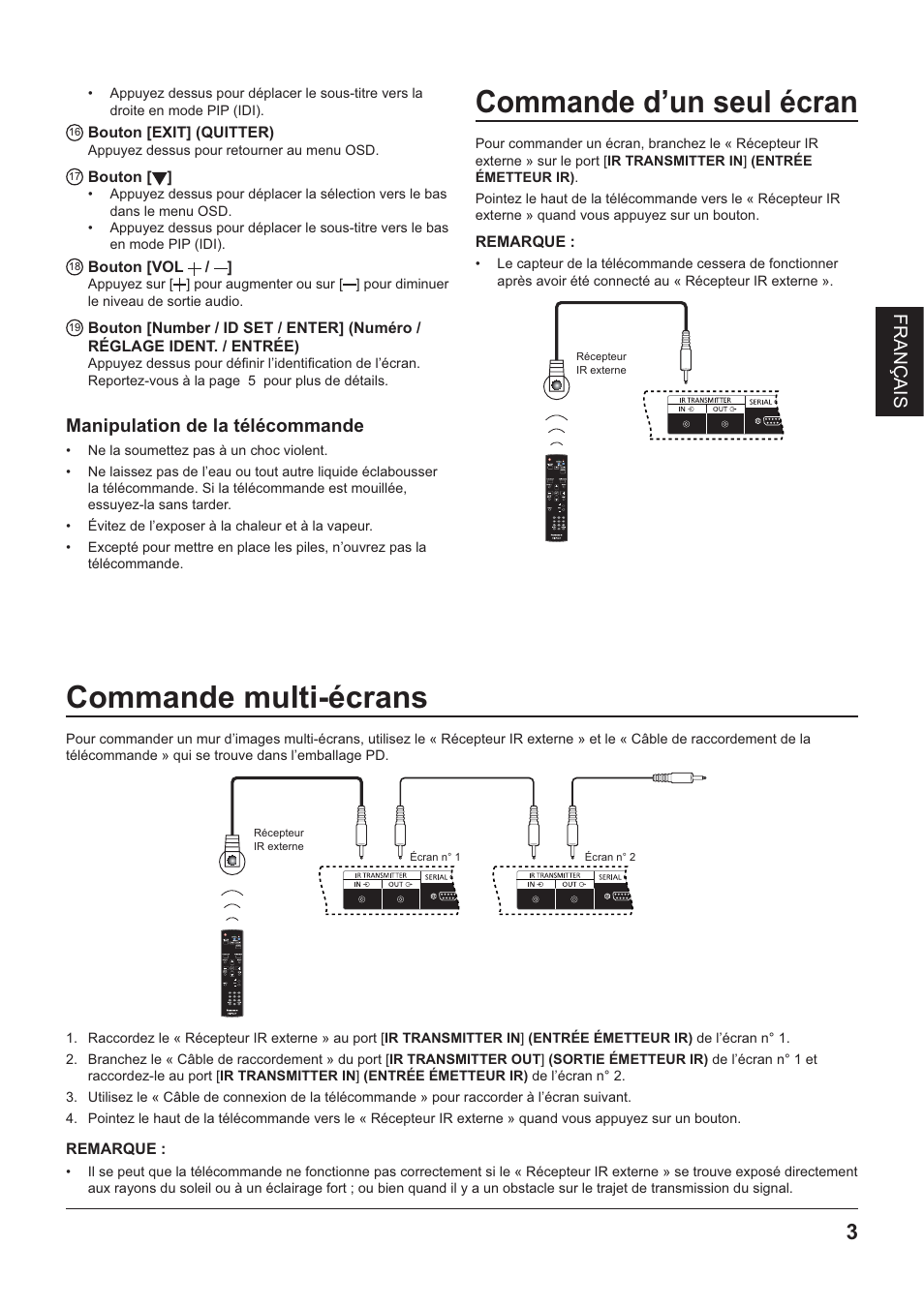 Bouton [exit] (quitter), Bouton ^f, Bouton [vol | Commande d’un seul écran, Remarque, Commande multi-écrans, Commande d'un seul écran | Panasonic TYRM50VW User Manual | Page 21 / 72