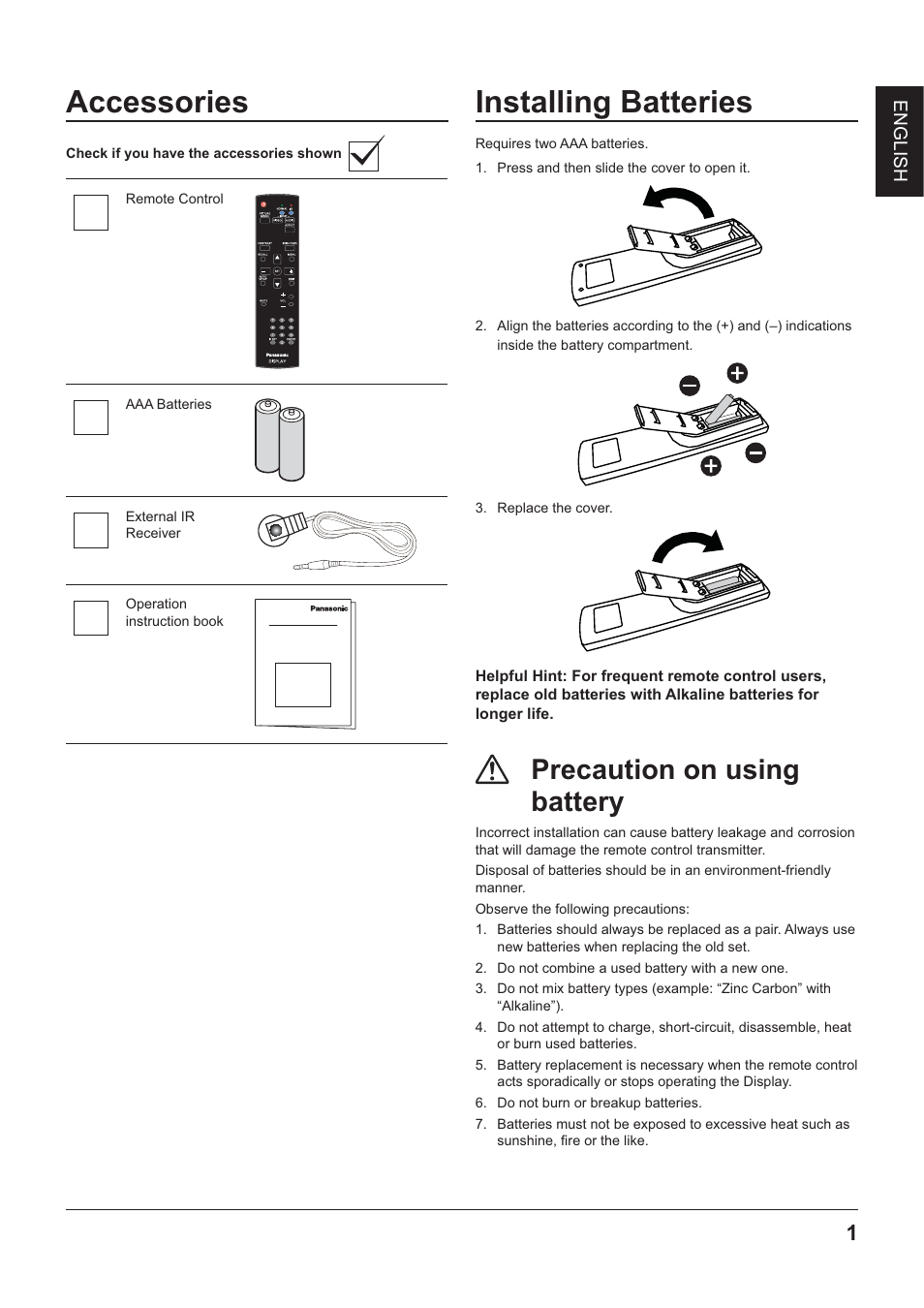 Accessories, Installing batteries, Precaution on using battery | Panasonic TYRM50VW User Manual | Page 3 / 72