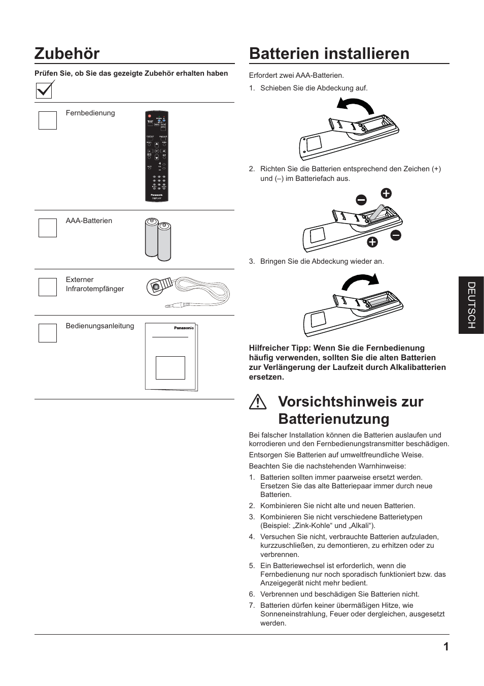 Zubehör, Batterien instaiiieren, Batterien installieren | Vorsichtshinweis zur batterienutzung | Panasonic TYRM50VW User Manual | Page 35 / 72