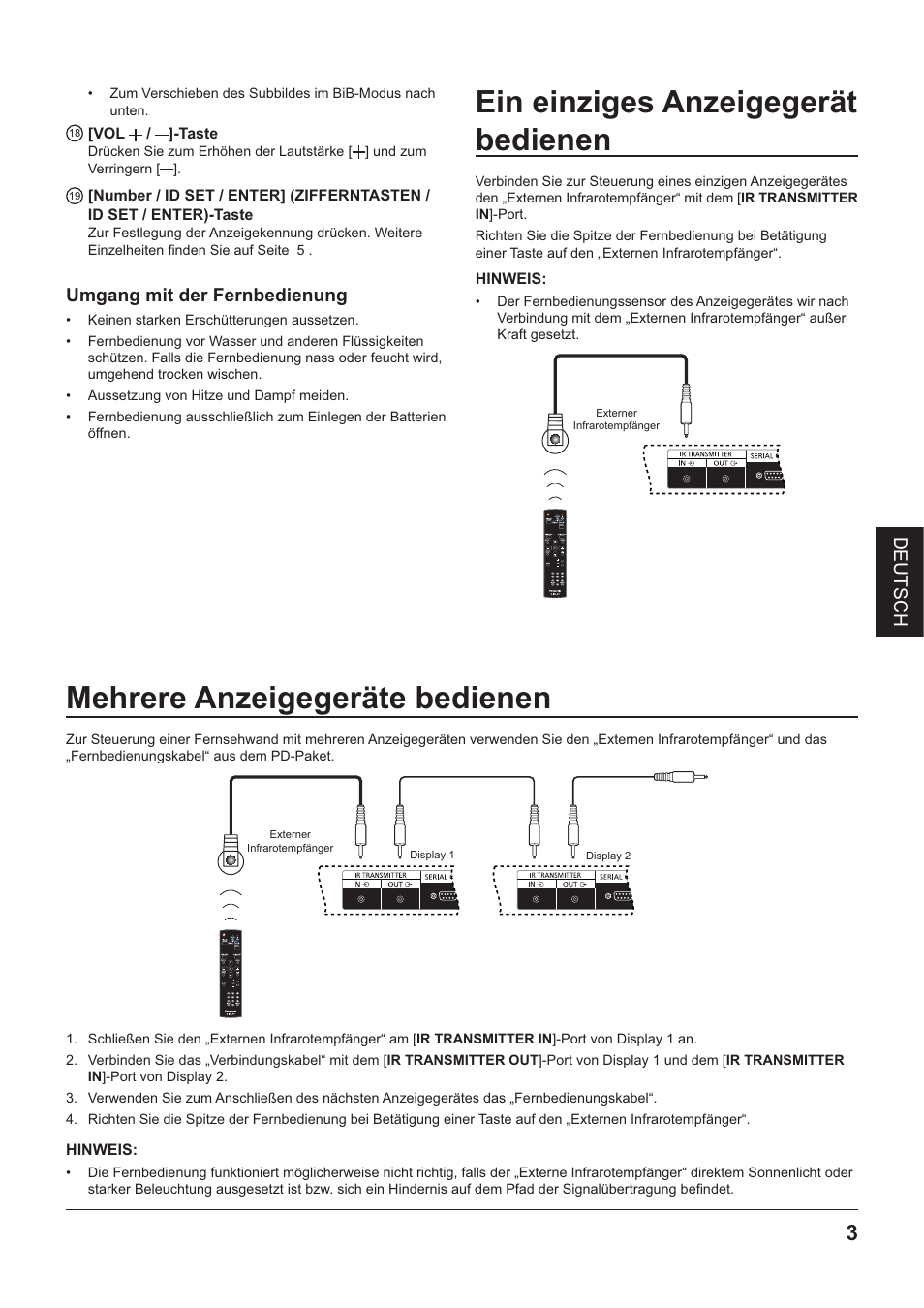 1^ [vol + /-]-taste, Ein einziges anzeigegerät bedienen, Hinweis | Mehrere anzeigegeräte bedienen | Panasonic TYRM50VW User Manual | Page 37 / 72