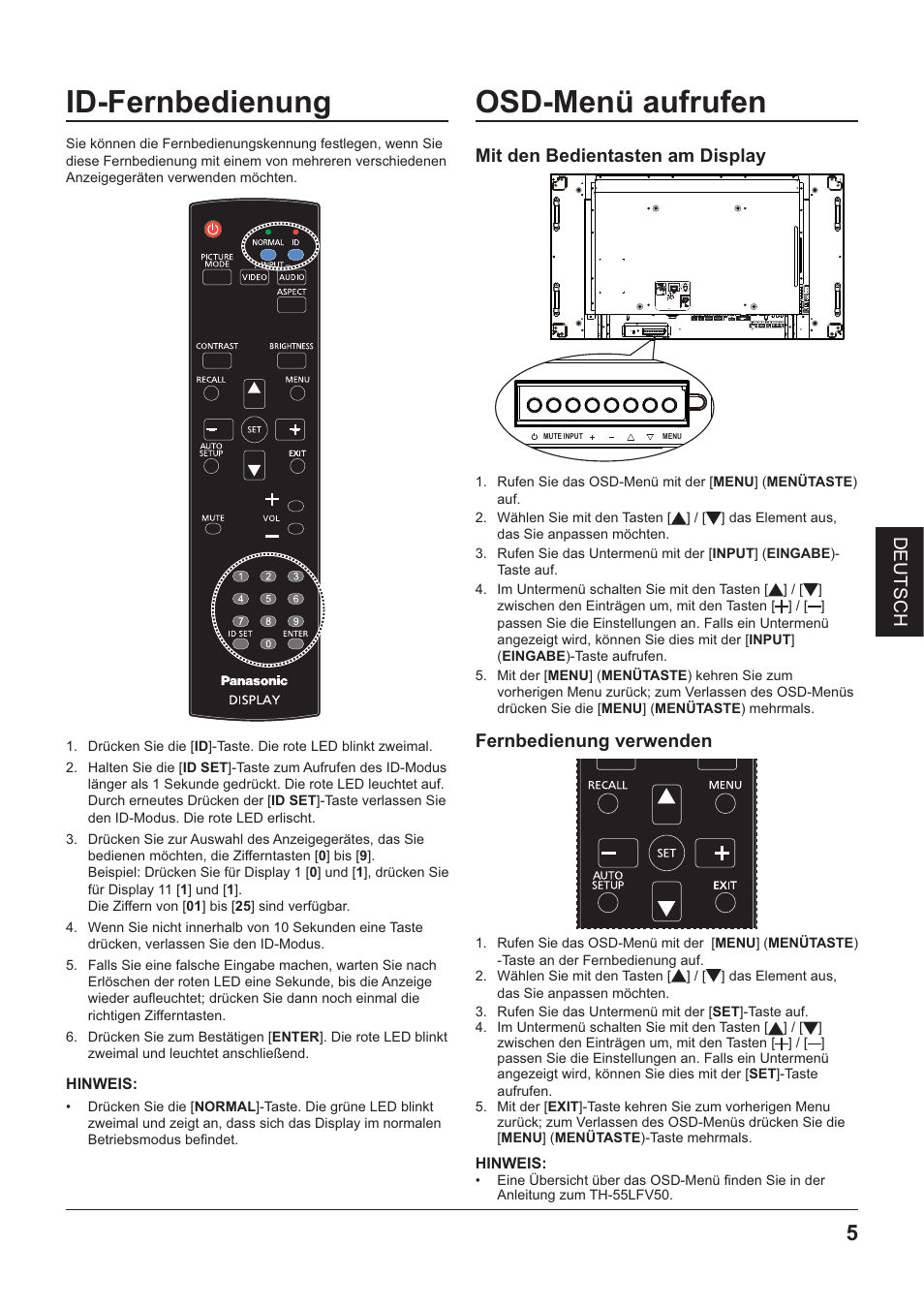 Id-fernbedienung, Hinweis, Osd-menü aufrufen | Mit den bedientasten am display, Fernbedienung verwenden | Panasonic TYRM50VW User Manual | Page 39 / 72