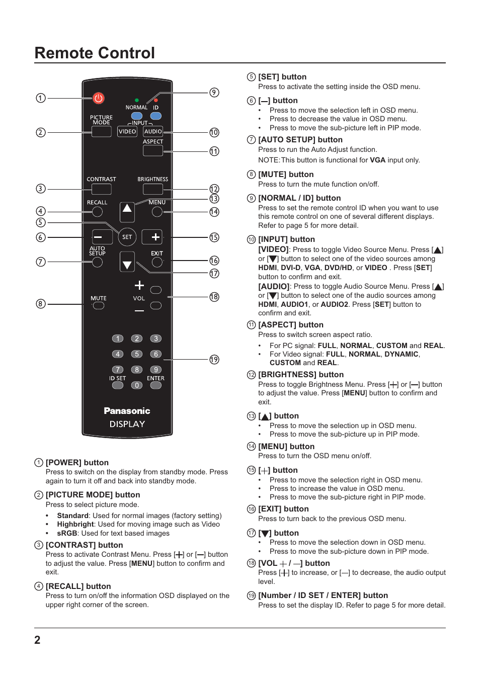 Remote control, Power] button, Set] button | Panasonic TYRM50VW User Manual | Page 4 / 72