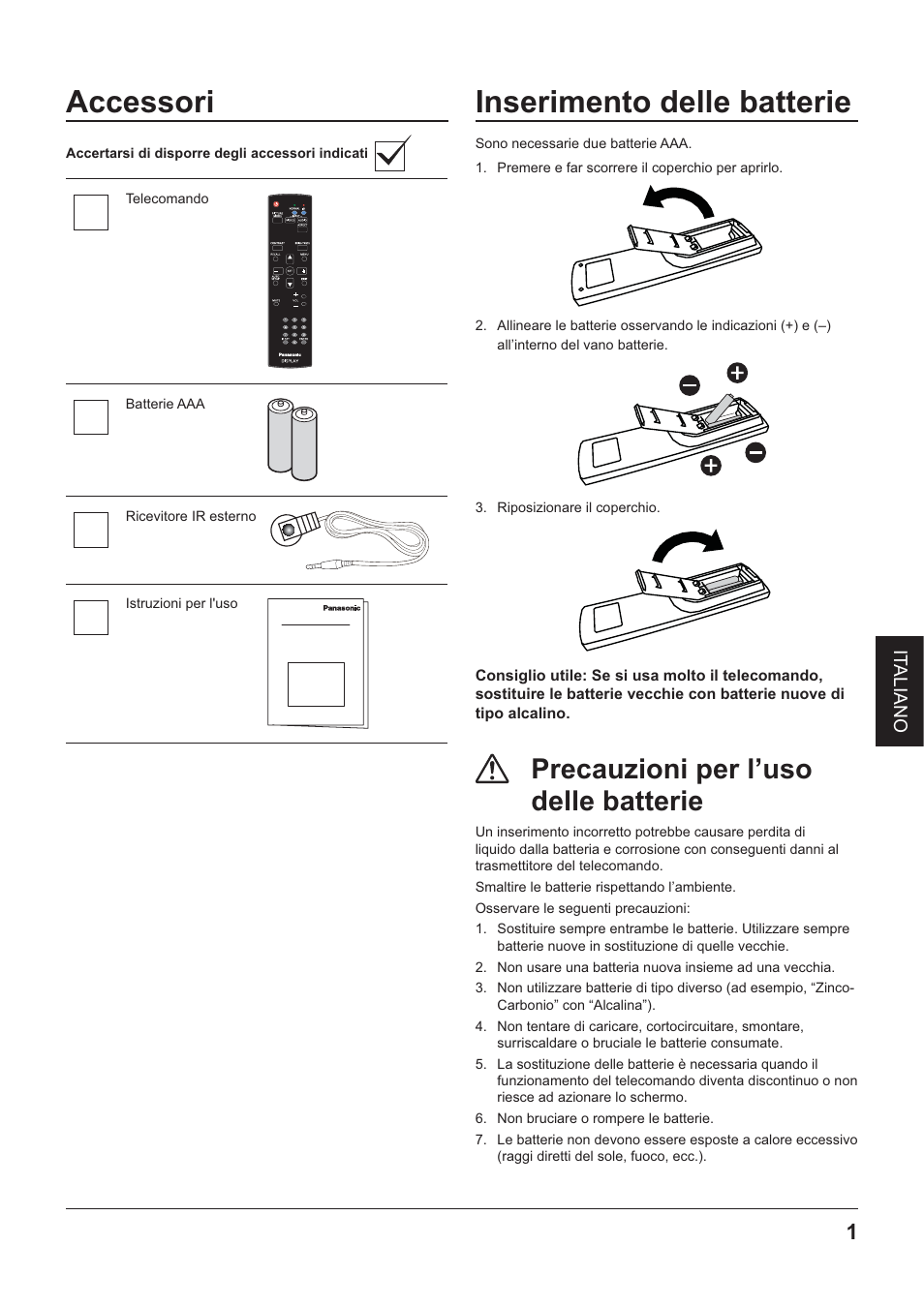 Accessori, Inserimento delle batterie, Accesorios | Inserimento deiie batterie, Precauzioni per l’uso delle batterie | Panasonic TYRM50VW User Manual | Page 43 / 72