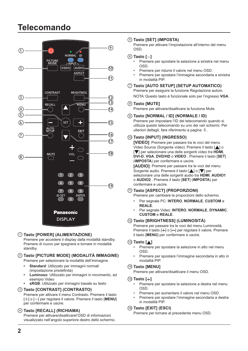 Telecomando, Tasto [power] (alimentazione), Tasto [picture mode] (modalità immagine) | Tasto [contrast] (contrasto), Tasto [recall] (richiama), Tasto [set] (imposta), Tasto, Tasto [auto setup] (setup automatico), Tasto [mute, Tasto [normal / id] (normale / id) | Panasonic TYRM50VW User Manual | Page 44 / 72