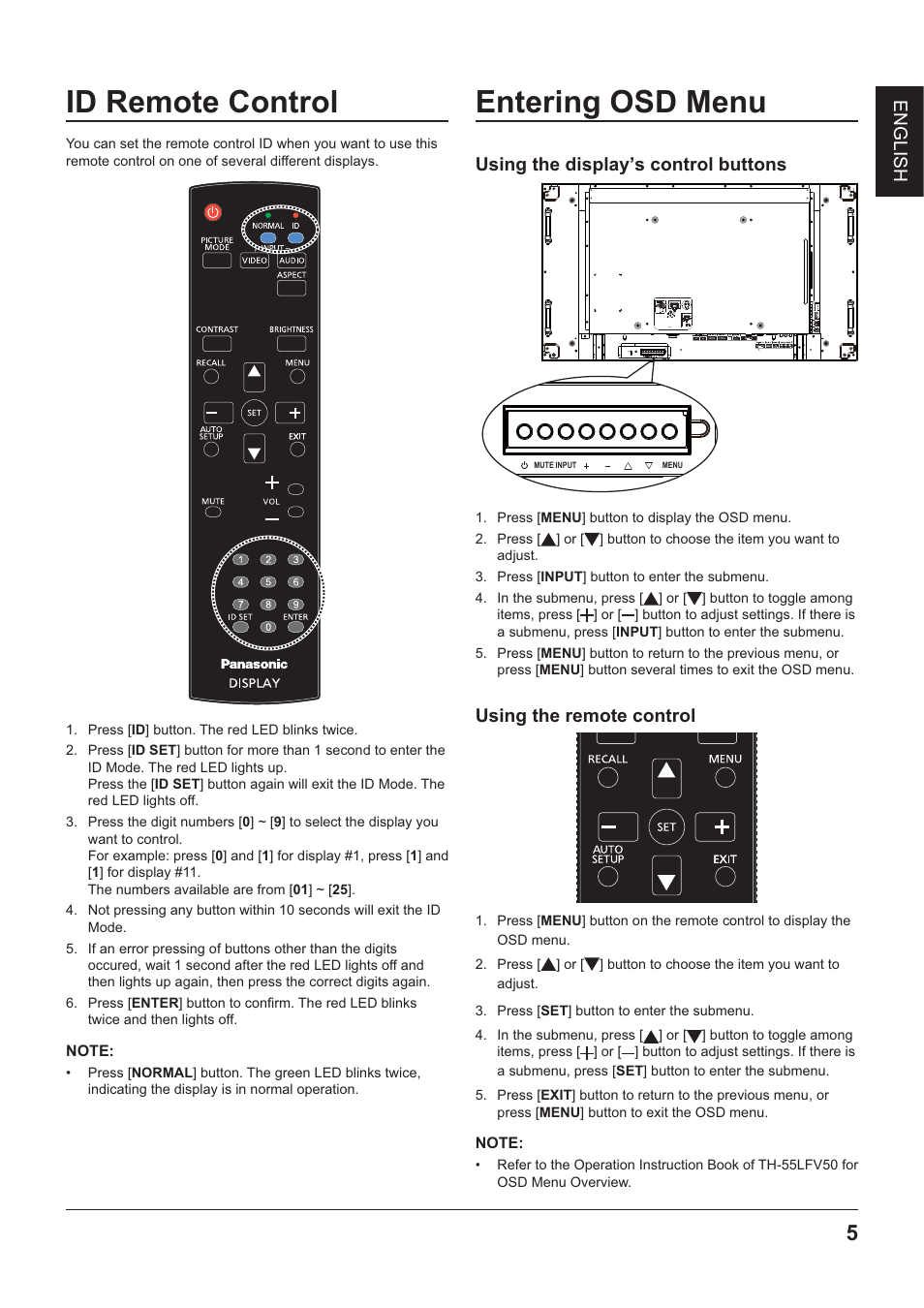 Id remote control, Note, Entering osd menu | Og o, E ] © s | Panasonic TYRM50VW User Manual | Page 7 / 72