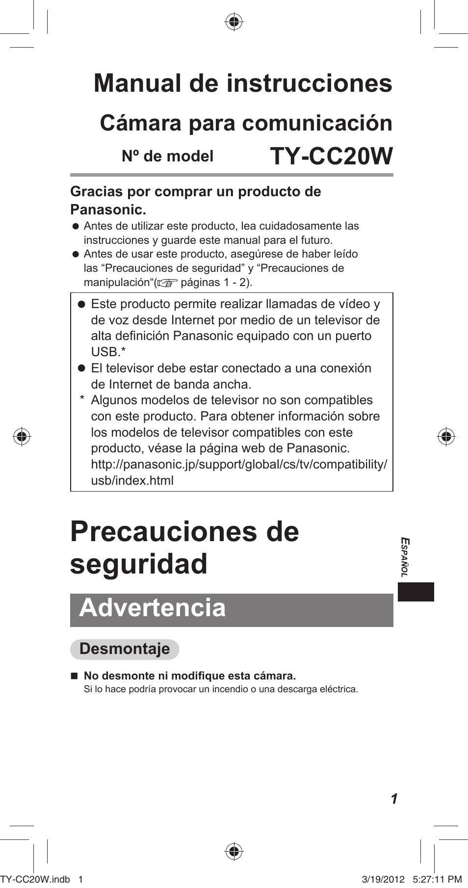 Precauciones de seguridad, Manual de instrucciones, Advertencia | Ty-cc20w, Cámara para comunicación | Panasonic TYCC20W User Manual | Page 109 / 188