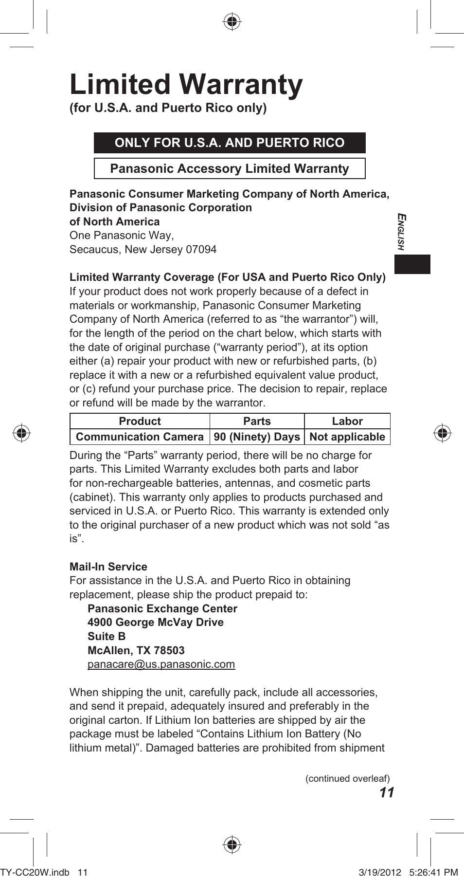 Limited warranty | Panasonic TYCC20W User Manual | Page 11 / 188