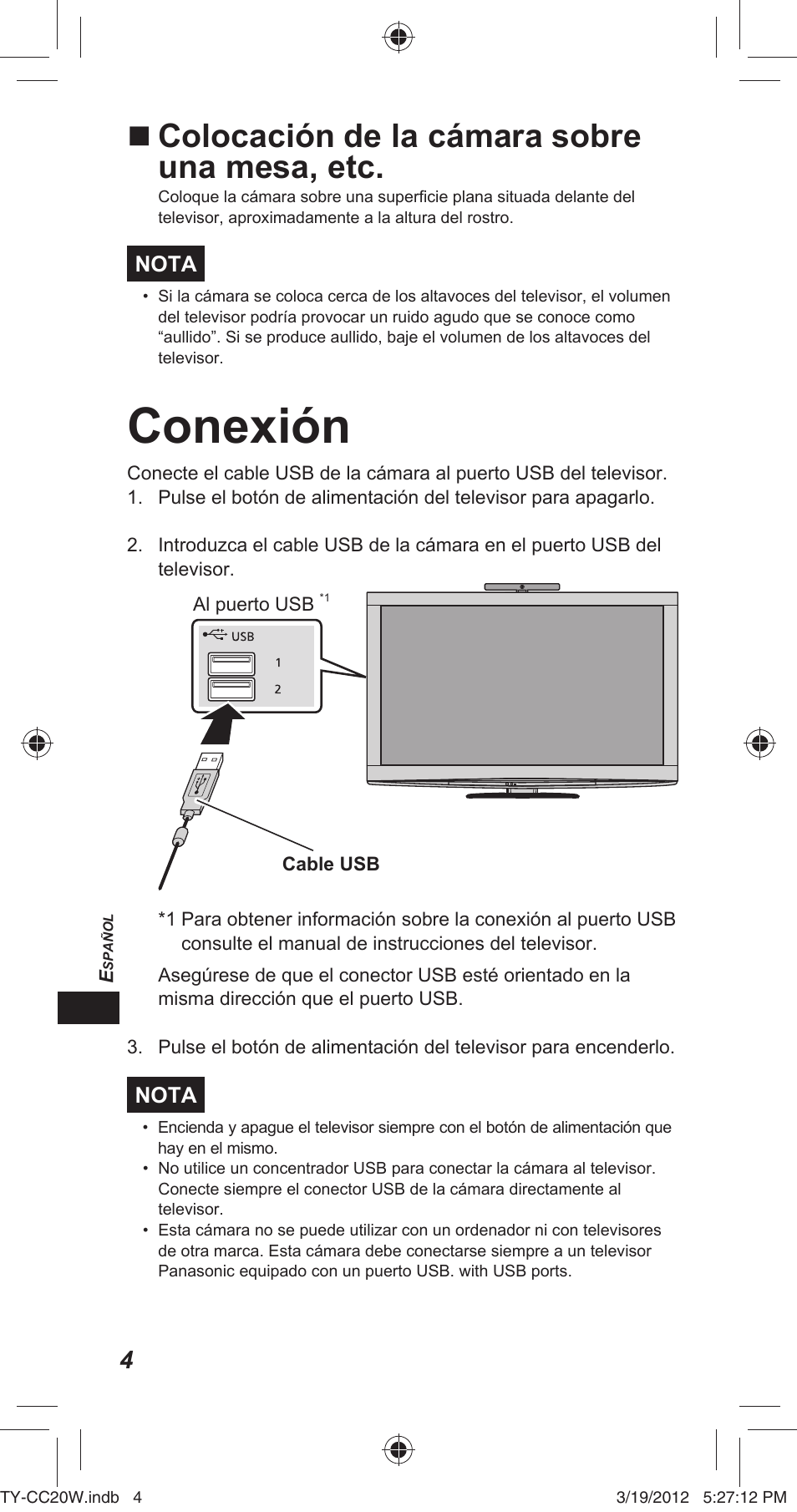 Conexión, Colocación de la cámara sobre una mesa, etc | Panasonic TYCC20W User Manual | Page 112 / 188